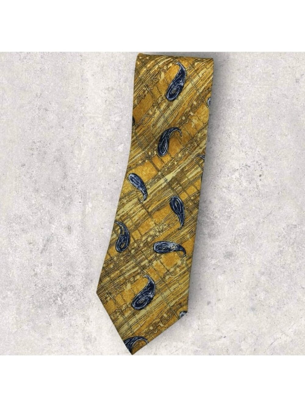 ANDREWS Silk Tie ITALY Gold Blue Paisley Art W:4" EUC